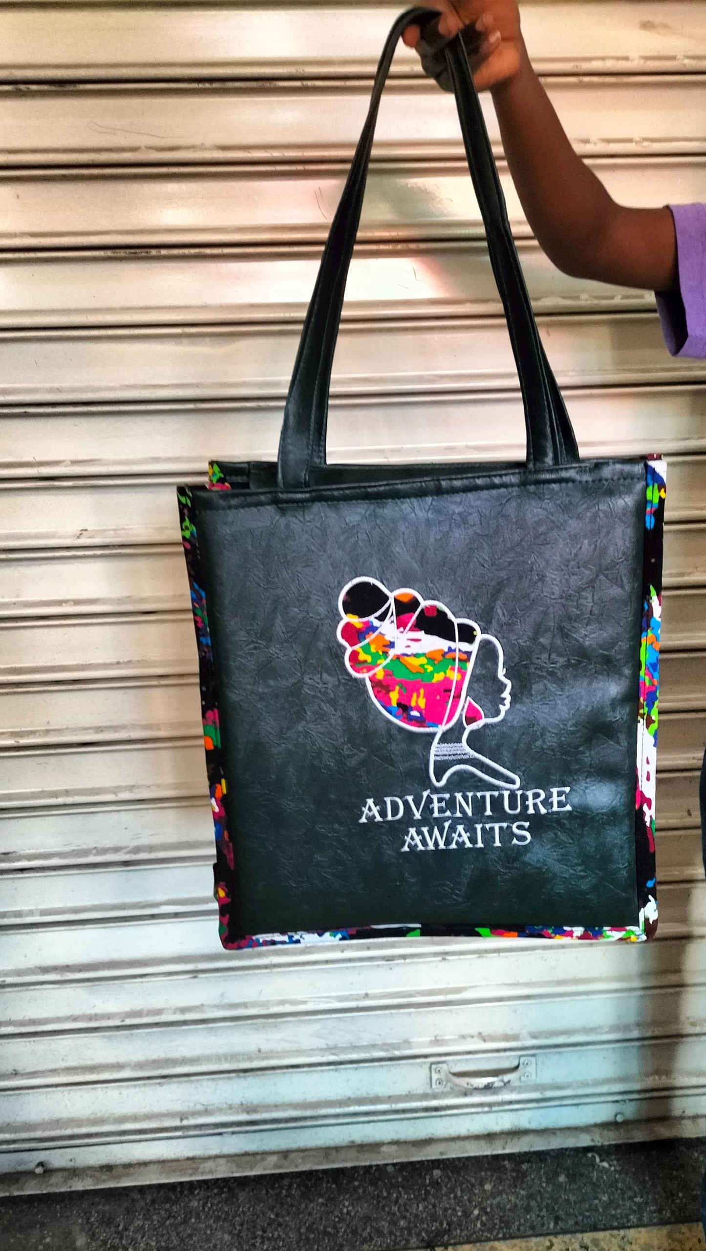 Adventure awaits tote,African Leather Tote bag, handcrafted laptop bag,Black woman modern African tote bag, Stylish tote bag,Brown girl bag.