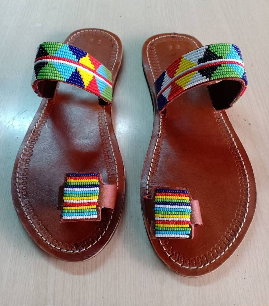 Handmade African Beaded Sandals/Authentic Maasai-Style Leather Flip-Flops Women/Boho Beach Sandals/Comfortable Summer Sandal African Gifts