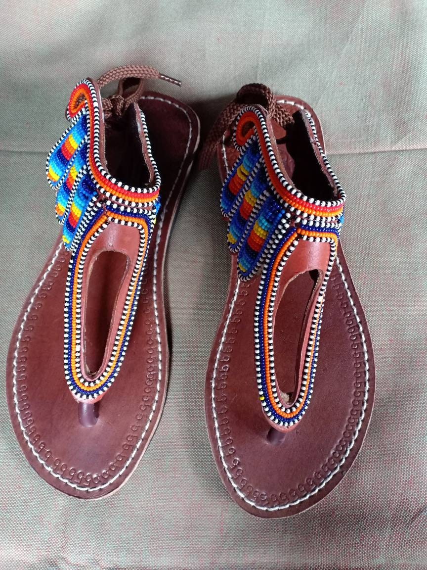 Handmade African Beaded Sandals/Authentic Maasai-Style Leather Flip-Flops Women/Boho Beach Sandals/Comfortable Summer Sandal African Gifts