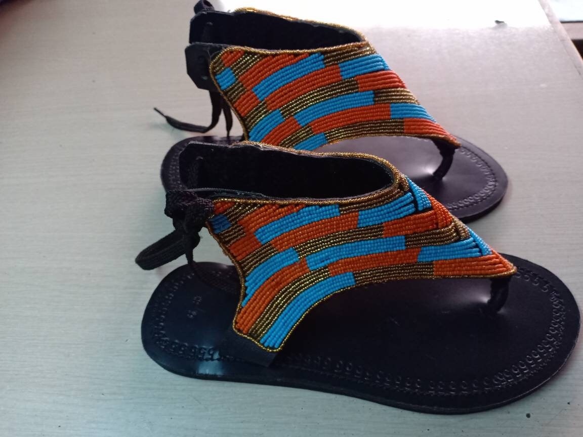 Handmade African Beaded Sandals/Authentic Maasai-Style Leather Flip-Flops Women/Boho Beach Sandals/Comfortable Summer Sandal African Gifts