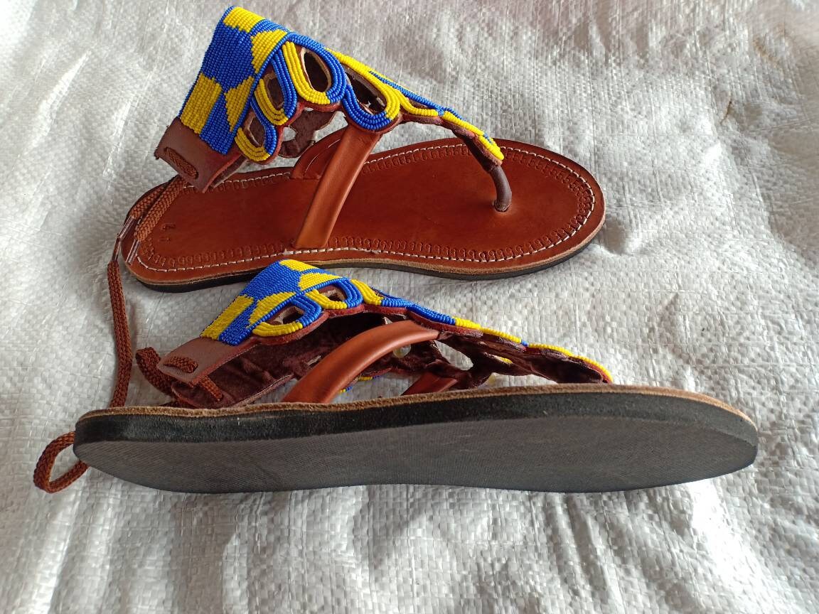 Handmade African Beaded Sandals/Authentic Maasai-Style Leather Flip-Flops Women/Boho Beach Sandals/Comfortable Summer Sandal African Gifts