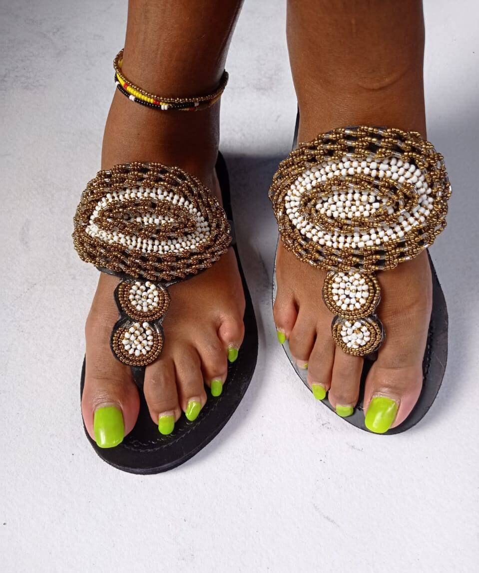 Handmade African Beaded Sandals/Authentic Maasai-Style Leather Flip-Flops Women/Boho Beach Sandals/Comfortable Summer Sandal African Gifts
