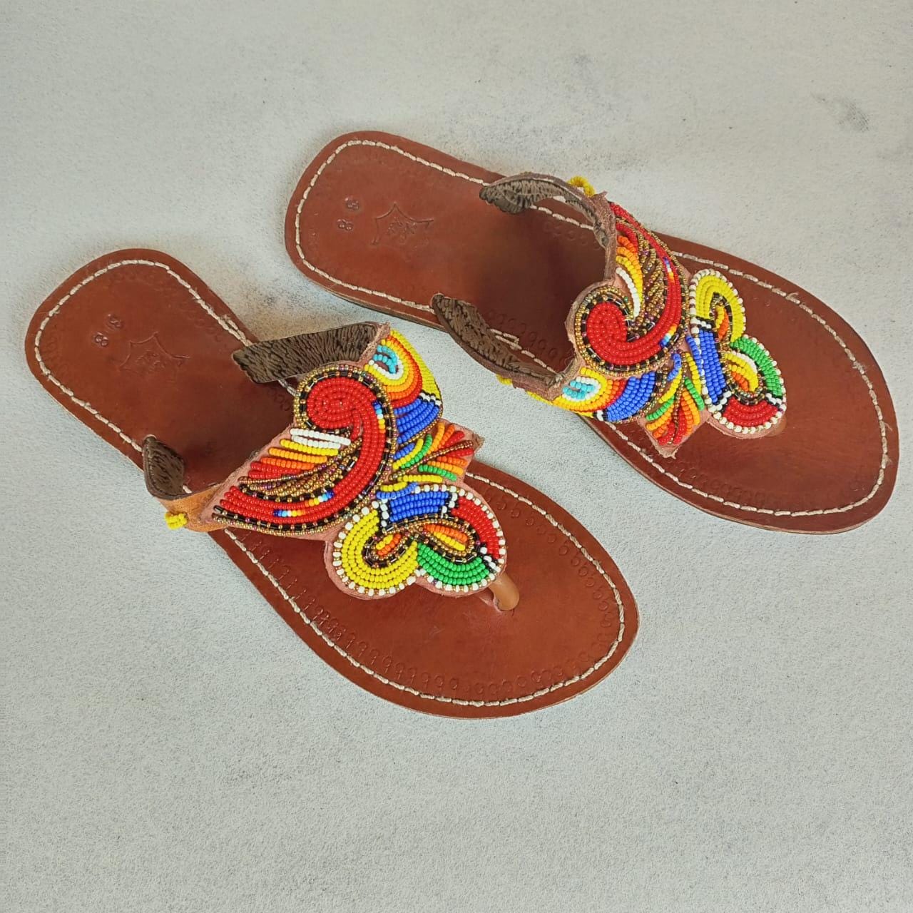 Handmade African Beaded Sandals/Authentic Maasai-Style Leather Flip-Flops Women/Boho Beach Sandals/Comfortable Summer Sandal African Gifts