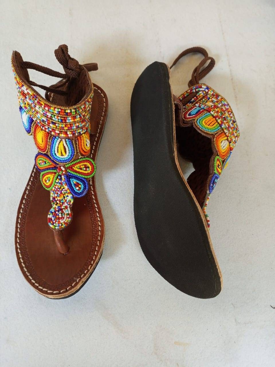 Handmade African Beaded Sandals/Authentic Maasai-Style Leather Flip-Flops Women/Boho Beach Sandals/Comfortable Summer Sandal African Gifts