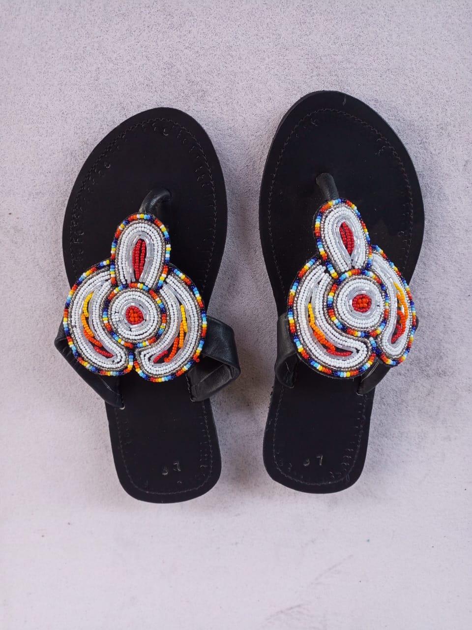 Handmade African Beaded Sandals/Authentic Maasai-Style Leather Flip-Flops Women/Boho Beach Sandals/Comfortable Summer Sandal African Gifts