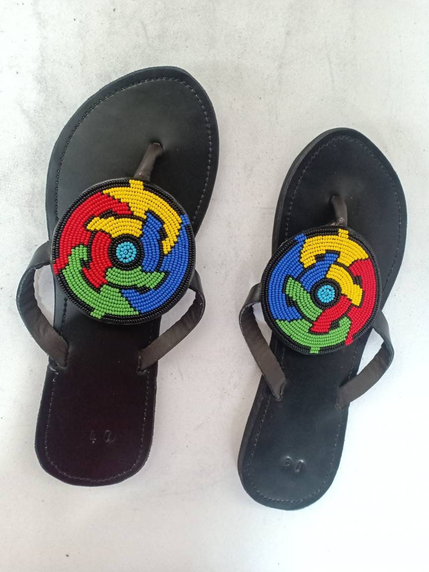 Handmade African Beaded Sandals/Authentic Maasai-Style Leather Flip-Flops Women/Boho Beach Sandals/Comfortable Summer Sandal African Gifts