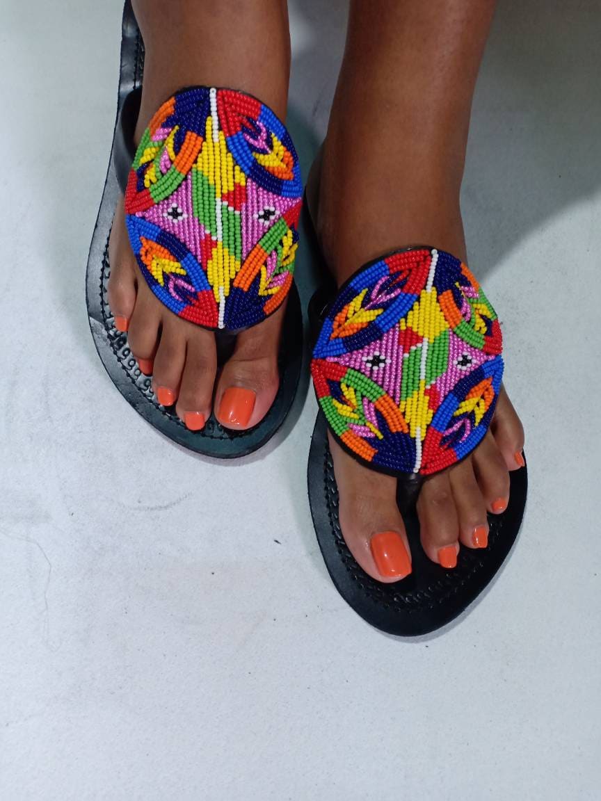Handmade African Beaded Sandals/Authentic Maasai-Style Leather Flip-Flops Women/Boho Beach Sandals/Comfortable Summer Sandal African Gifts
