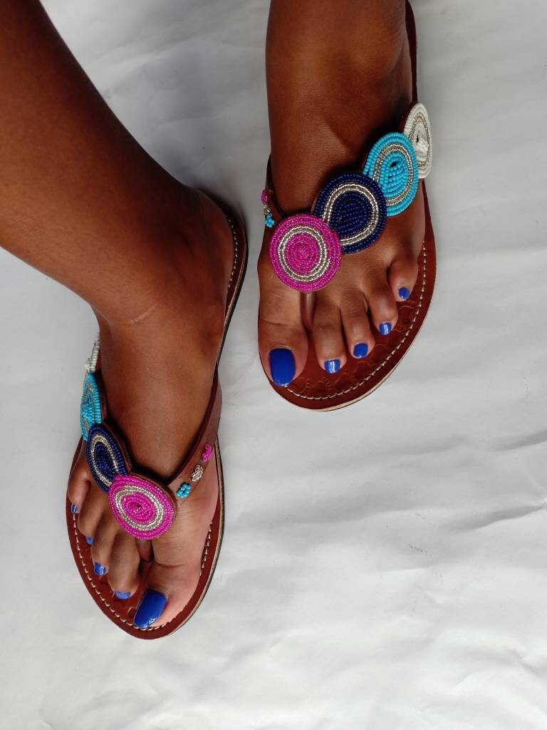 Handmade African Beaded Sandals/Authentic Maasai-Style Leather Flip-Flops Women/Boho Beach Sandals/Comfortable Summer Sandal African Gifts