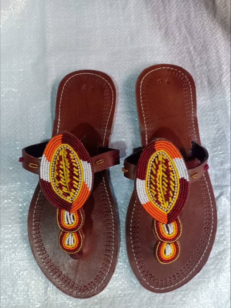Handmade African Beaded Sandals/Authentic Maasai-Style Leather Flip-Flops Women/Boho Beach Sandals/Comfortable Summer Sandal African Gifts