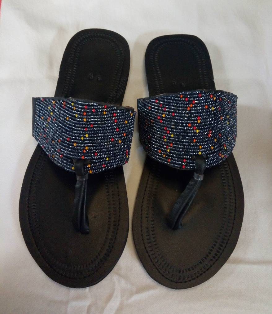 Handmade African Beaded Sandals/Authentic Maasai-Style Leather Flip-Flops Women/Boho Beach Sandals/Comfortable Summer Sandal African Gifts