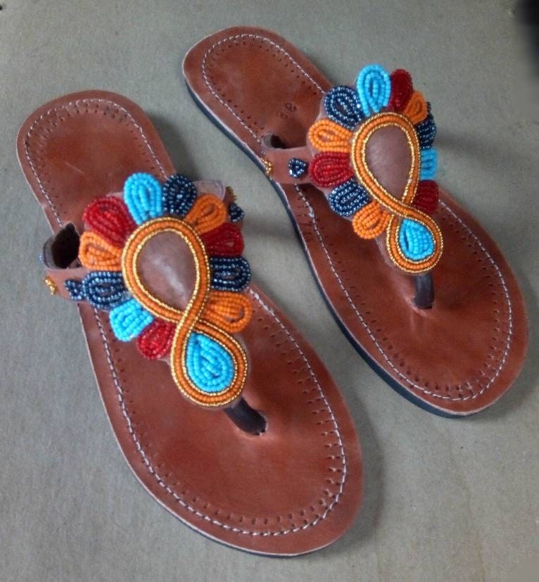 Handmade African Beaded Sandals/Authentic Maasai-Style Leather Flip-Flops Women/Boho Beach Sandals/Comfortable Summer Sandal African Gifts
