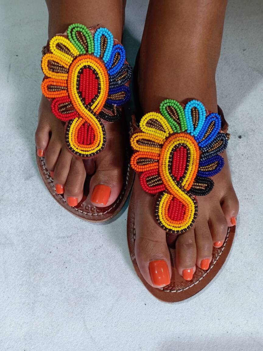 Handmade African Beaded Sandals/Authentic Maasai-Style Leather Flip-Flops Women/Boho Beach Sandals/Comfortable Summer Sandal African Gifts