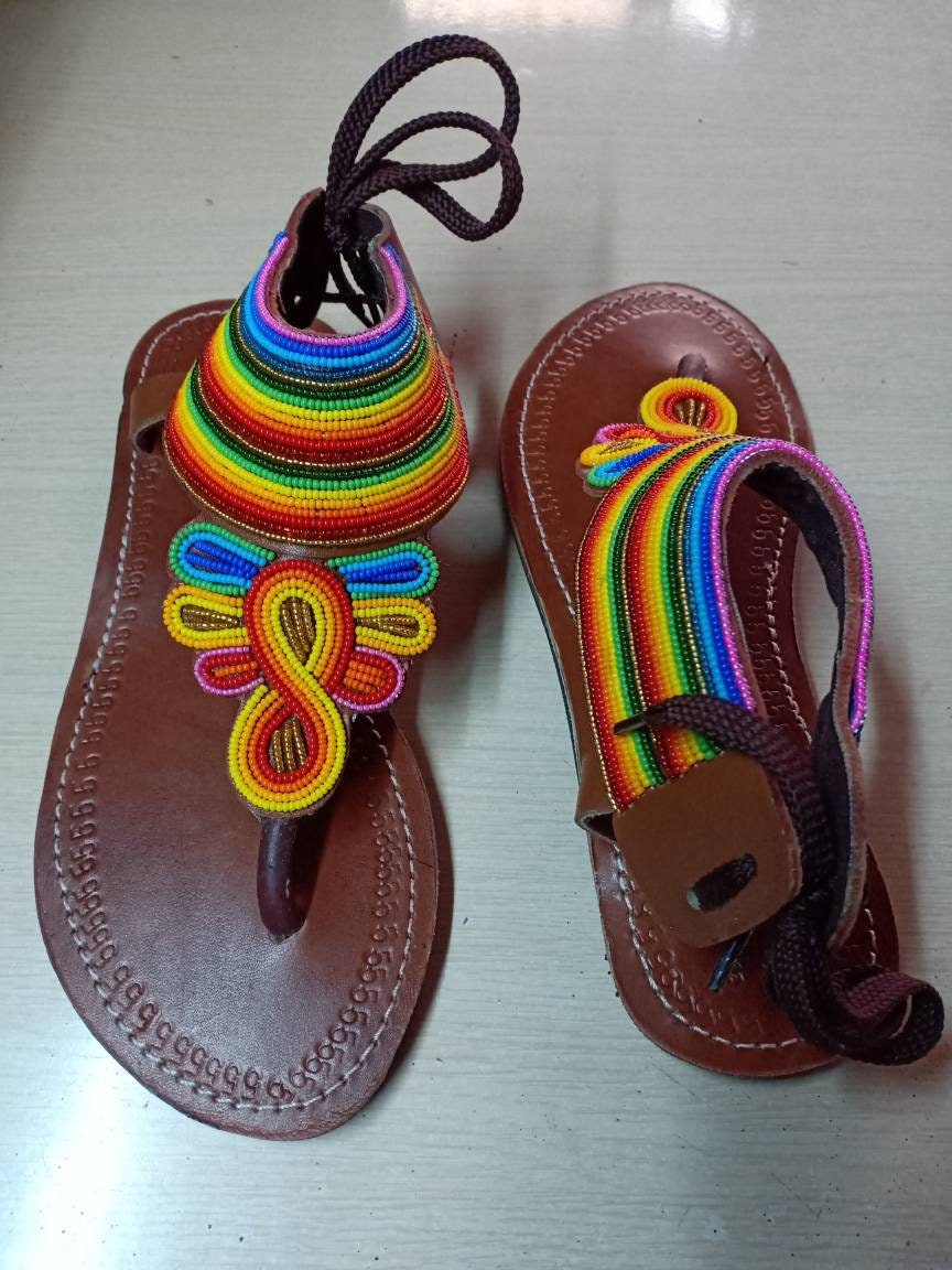 Handmade African Beaded Sandals/Authentic Maasai-Style Leather Flip-Flops Women/Boho Beach Sandals/Comfortable Summer Sandal African Gifts