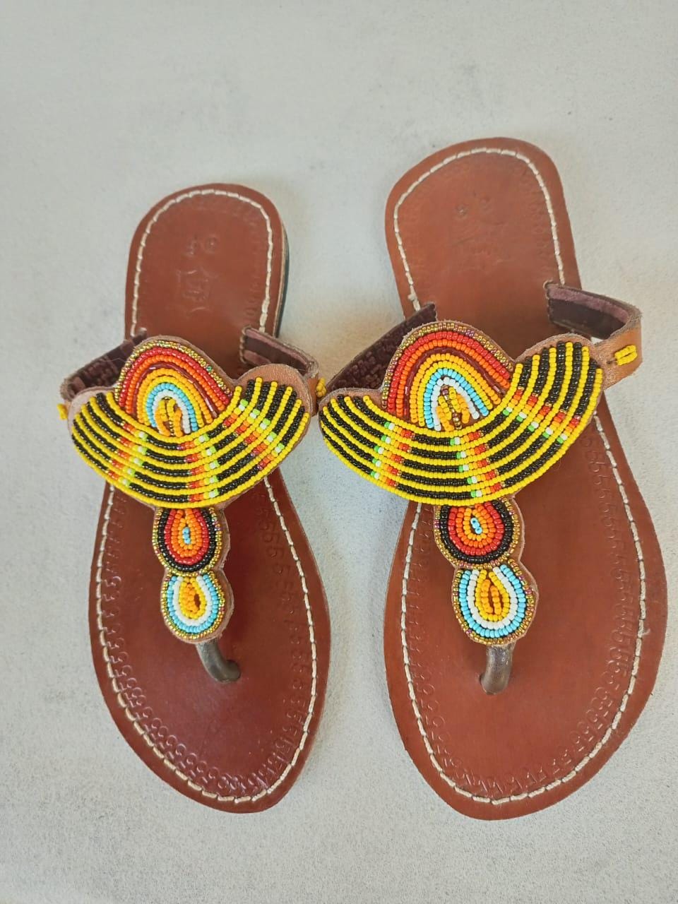 Handmade African Beaded Sandals/Authentic Maasai-Style Leather Flip-Flops Women/Boho Beach Sandals/Comfortable Summer Sandal African Gifts