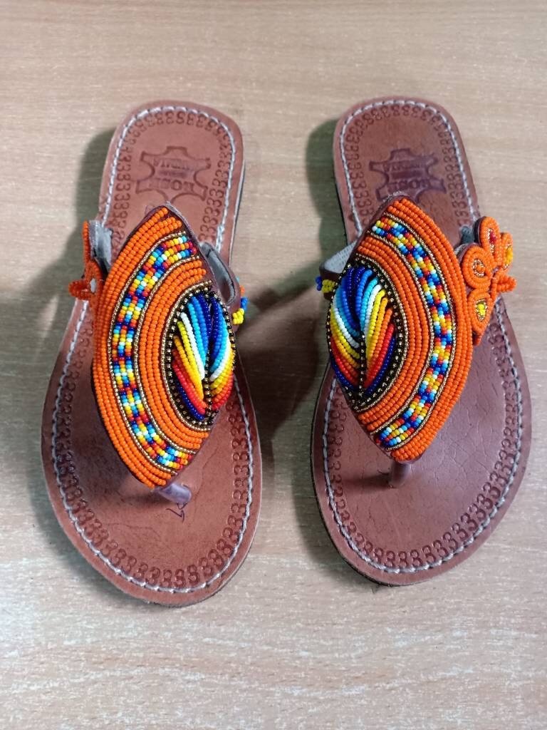 Handmade African Beaded Sandals/Authentic Maasai-Style Leather Flip-Flops Women/Boho Beach Sandals/Comfortable Summer Sandal African Gifts