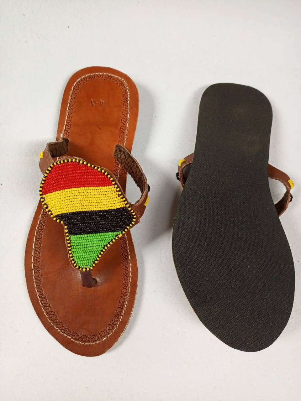 Handmade African Beaded Sandals/Authentic Maasai-Style Leather Flip-Flops Women/Boho Beach Sandals/Comfortable Summer Sandal African Gifts