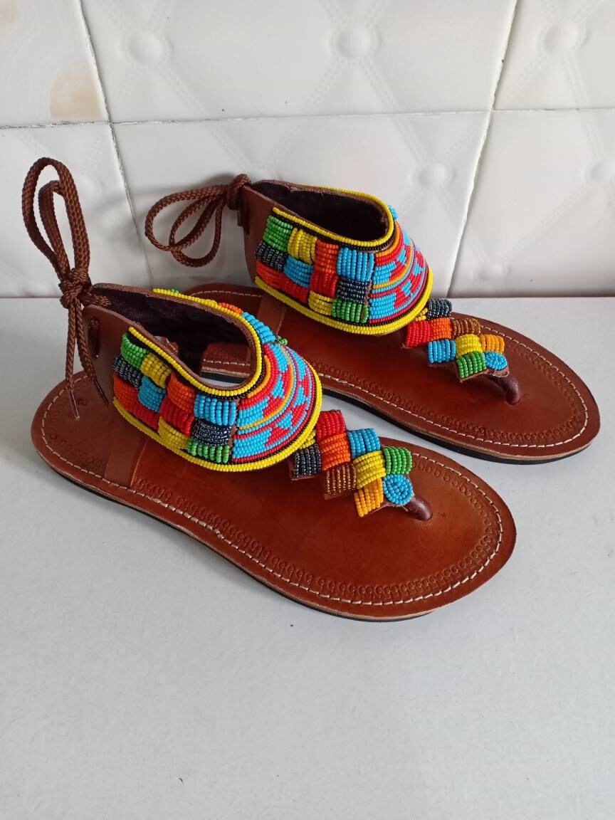 Handmade African Beaded Sandals/Authentic Maasai-Style Leather Flip-Flops Women/Boho Beach Sandals/Comfortable Summer Sandal African Gifts