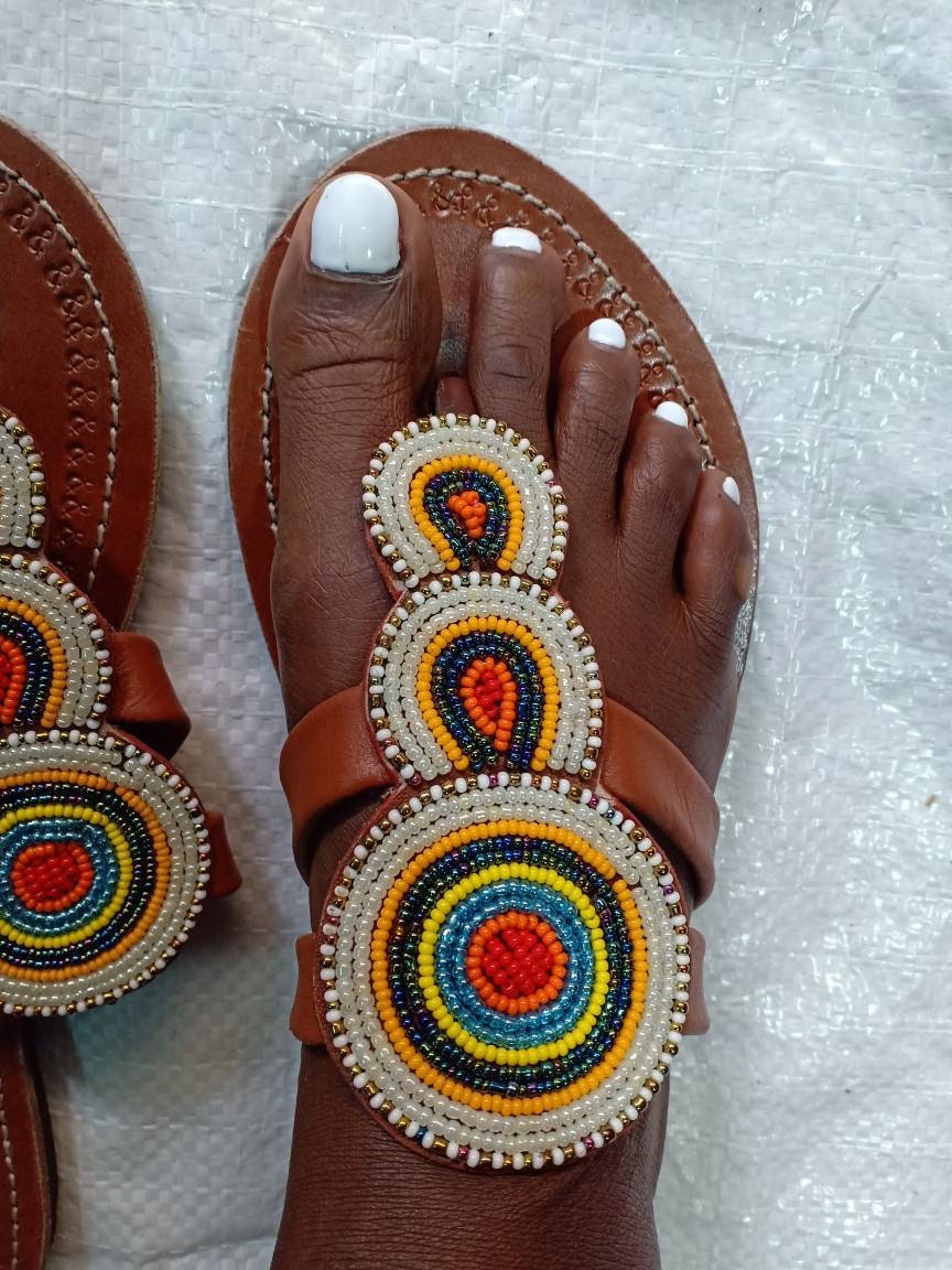 Handmade African Beaded Sandals/Authentic Maasai-Style Leather Flip-Flops Women/Boho Beach Sandals/Comfortable Summer Sandal African Gifts