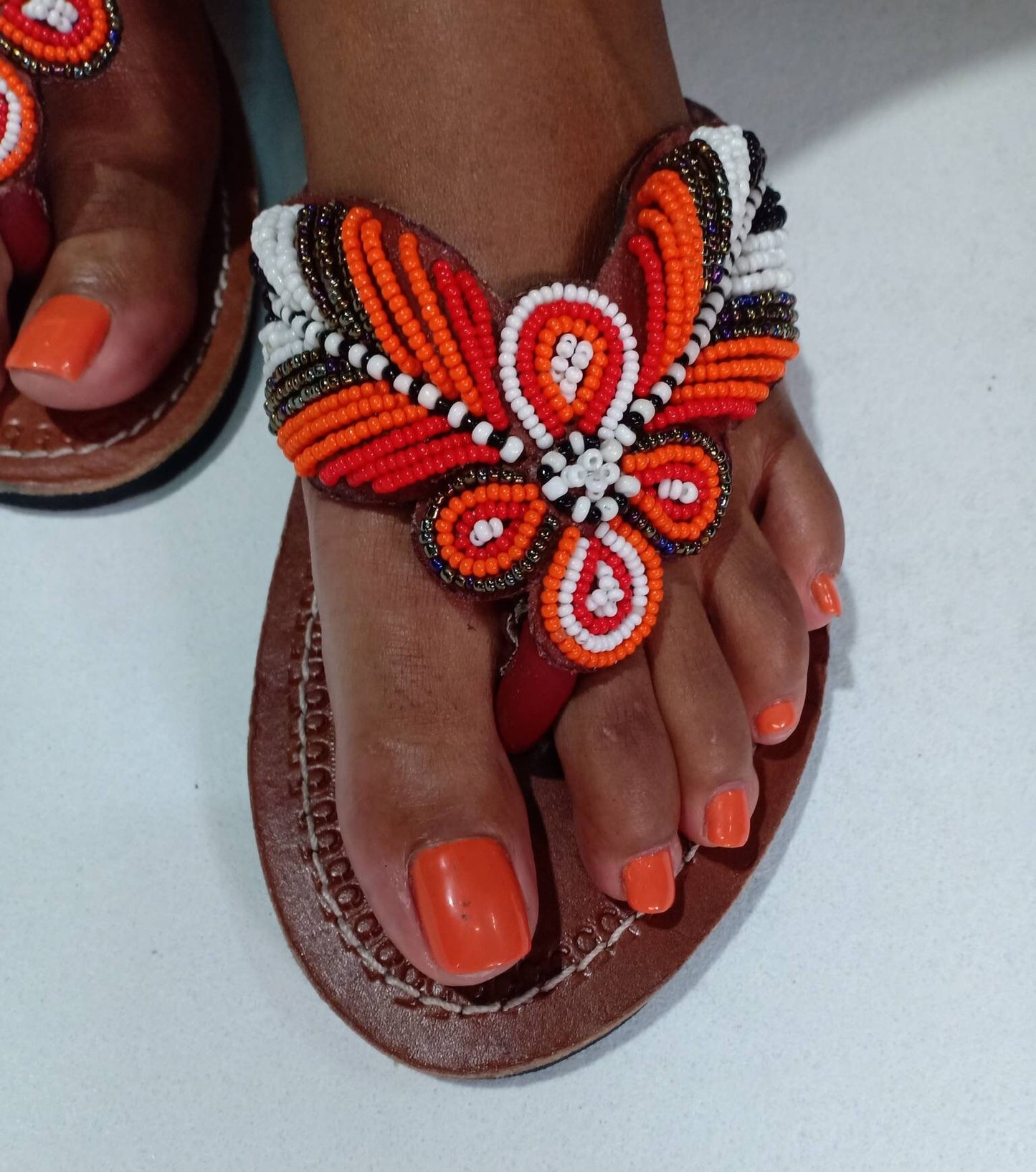Handmade African Beaded Sandals/Authentic Maasai-Style Leather Flip-Flops Women/Boho Beach Sandals/Comfortable Summer Sandal African Gifts