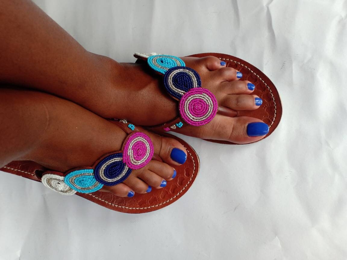 Handmade African Beaded Sandals/Authentic Maasai-Style Leather Flip-Flops Women/Boho Beach Sandals/Comfortable Summer Sandal African Gifts