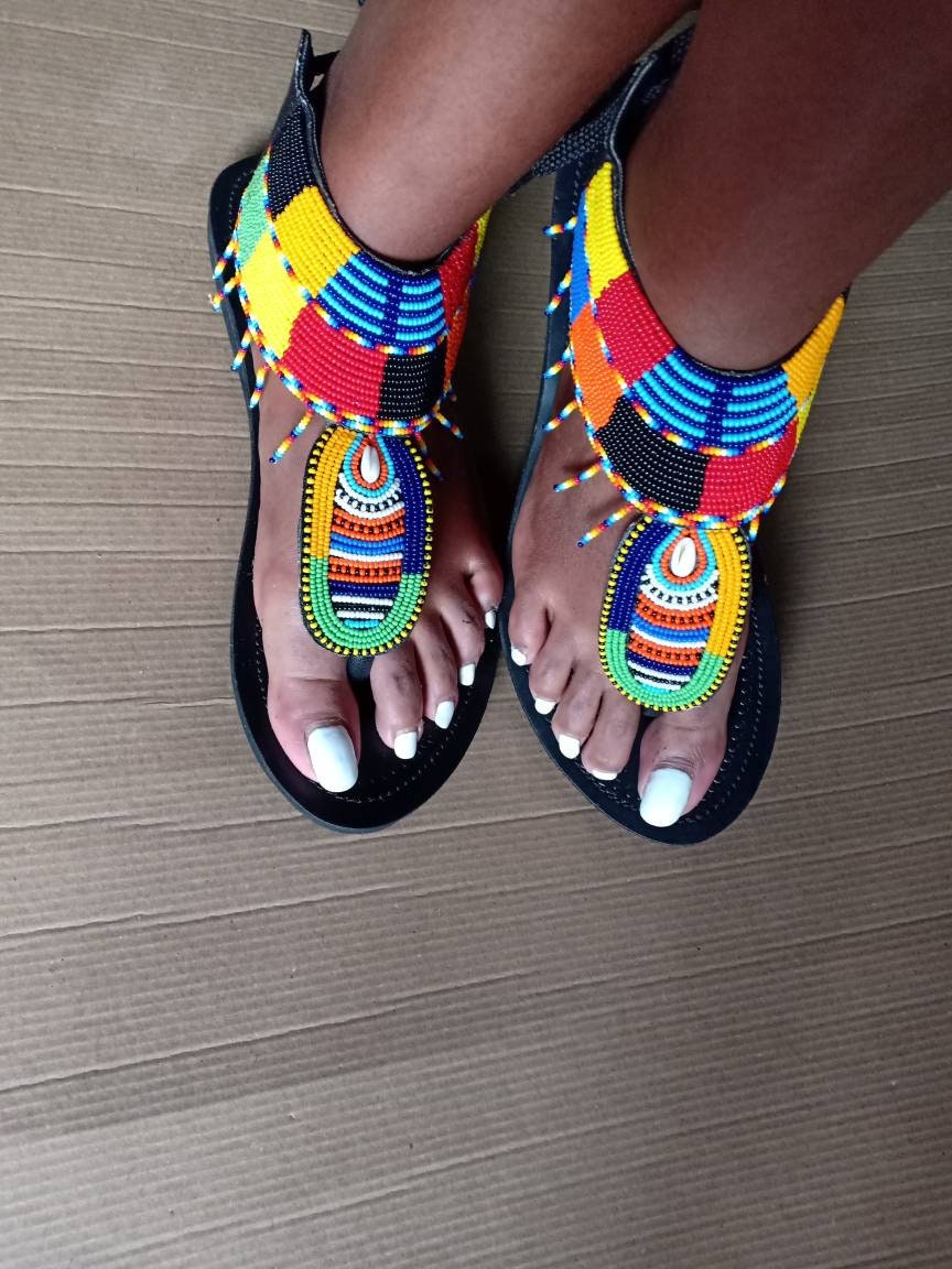Handmade African Beaded Sandals/Authentic Maasai-Style Leather Flip-Flops Women/Boho Beach Sandals/Comfortable Summer Sandal African Gifts