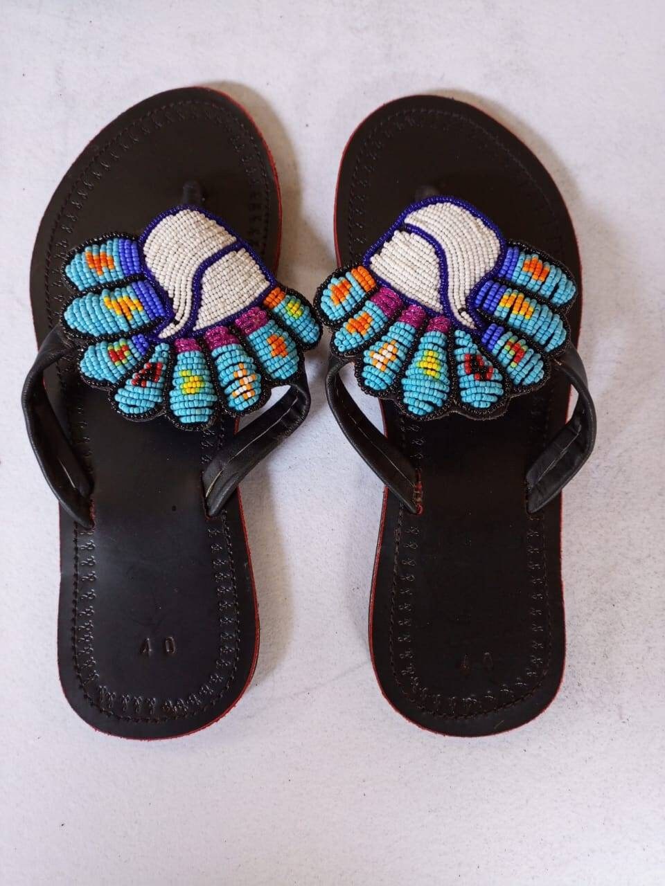 Handmade African Beaded Sandals/Authentic Maasai-Style Leather Flip-Flops Women/Boho Beach Sandals/Comfortable Summer Sandal African Gifts