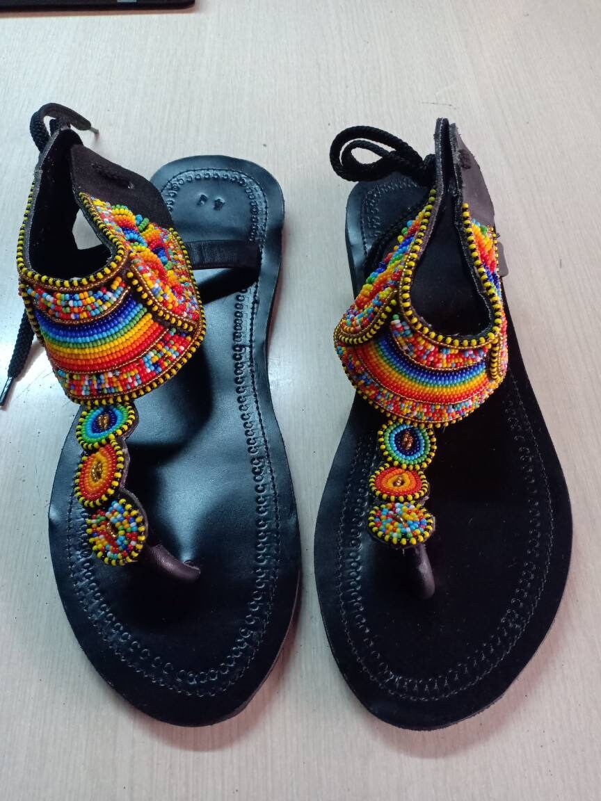 Handmade African Beaded Sandals/Authentic Maasai-Style Leather Flip-Flops Women/Boho Beach Sandals/Comfortable Summer Sandal African Gifts