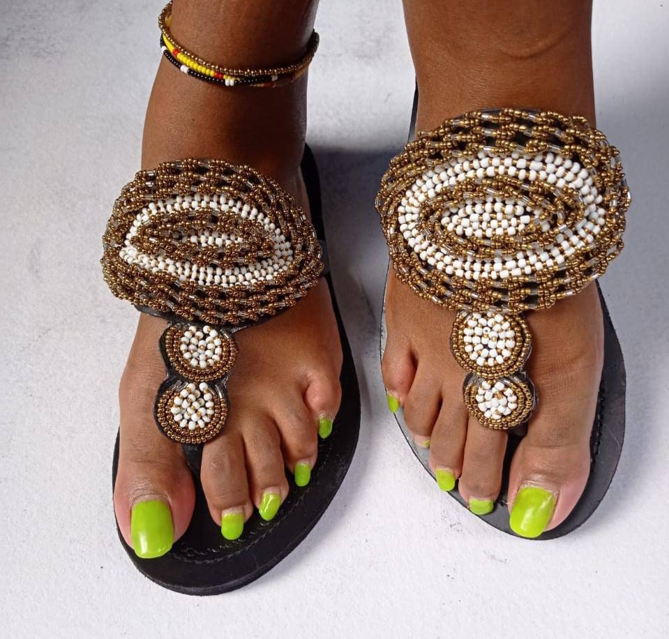 Handmade African Beaded Sandals/Authentic Maasai-Style Leather Flip-Flops Women/Boho Beach Sandals/Comfortable Summer Sandal African Gifts