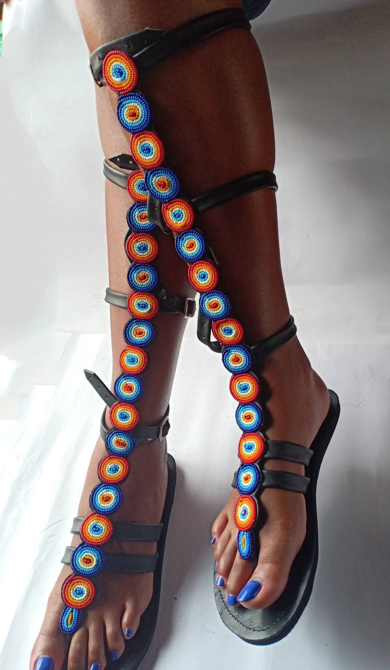 knee length gladiator Beaded Sandals/Authentic Maasai-Style Leather Flip-Flops Women/Boho Beach Sandals/ Summer Sandal African Gifts