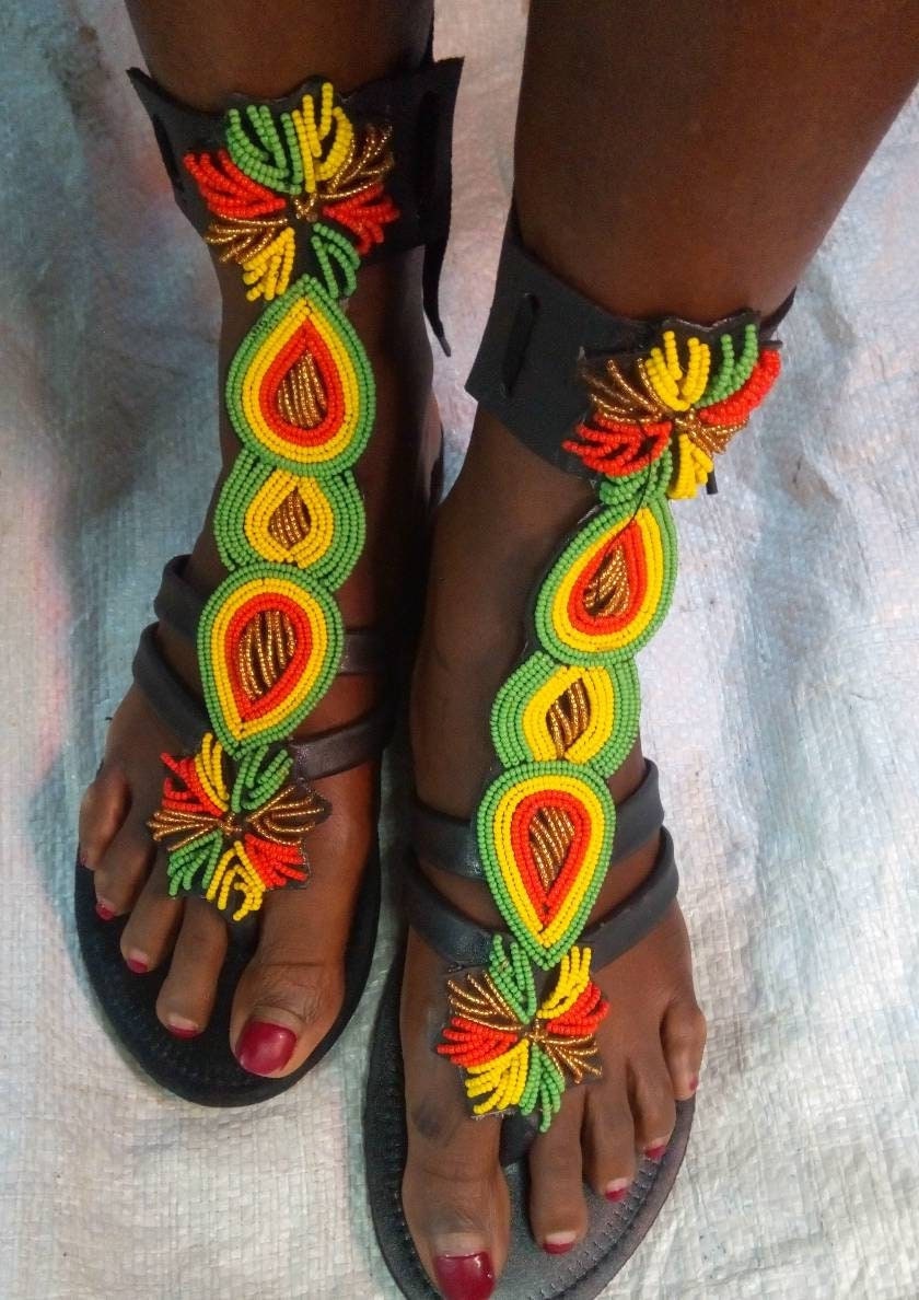 Handmade African Beaded Sandals/Authentic Maasai-Style Leather Flip-Flops Women/Boho Beach Sandals/Comfortable Summer Sandal African Gifts