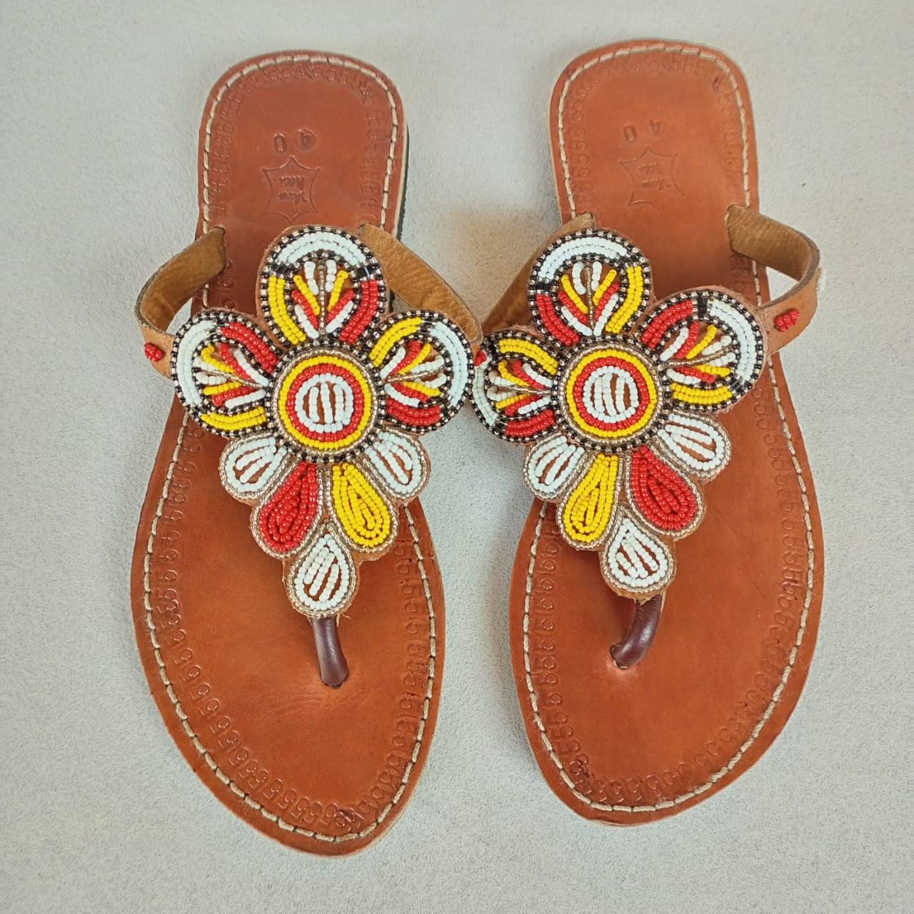 Handmade African Beaded Sandals/Authentic Maasai-Style Leather Flip-Flops Women/Boho Beach Sandals/Comfortable Summer Sandal African Gifts