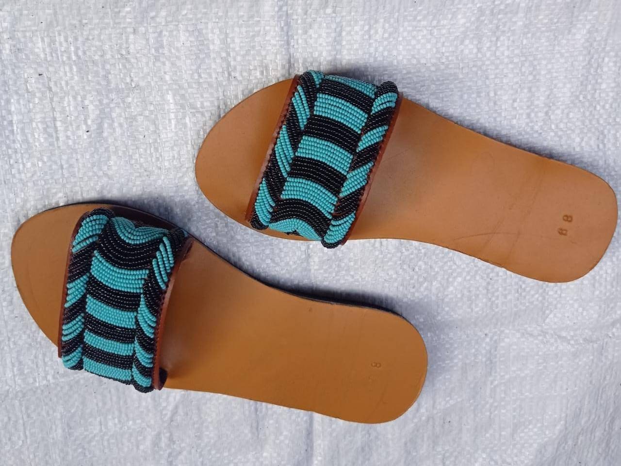 Handmade African Beaded Sandals/Authentic Maasai-Style Leather Flip-Flops Women/Boho Beach Sandals/Comfortable Summer Sandal African Gifts