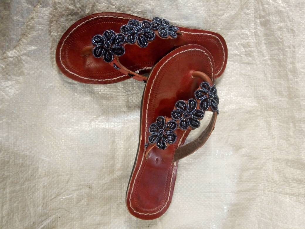 Handmade African Beaded Sandals/Authentic Maasai-Style Leather Flip-Flops Women/Boho Beach Sandals/Comfortable Summer Sandal African Gifts