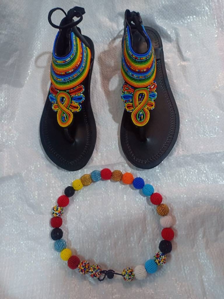Handmade African Beaded Sandals/Authentic Maasai-Style Leather Flip-Flops Women/Boho Beach Sandals/Comfortable Summer Sandal African Gifts