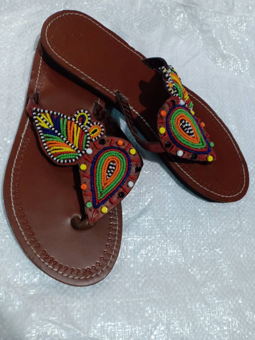 Handmade African Beaded Sandals/Authentic Maasai-Style Leather Flip-Flops Women/Boho Beach Sandals/Comfortable Summer Sandal African Gifts