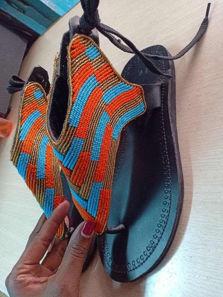 Handmade African Beaded Sandals/Authentic Maasai-Style Leather Flip-Flops Women/Boho Beach Sandals/Comfortable Summer Sandal African Gifts