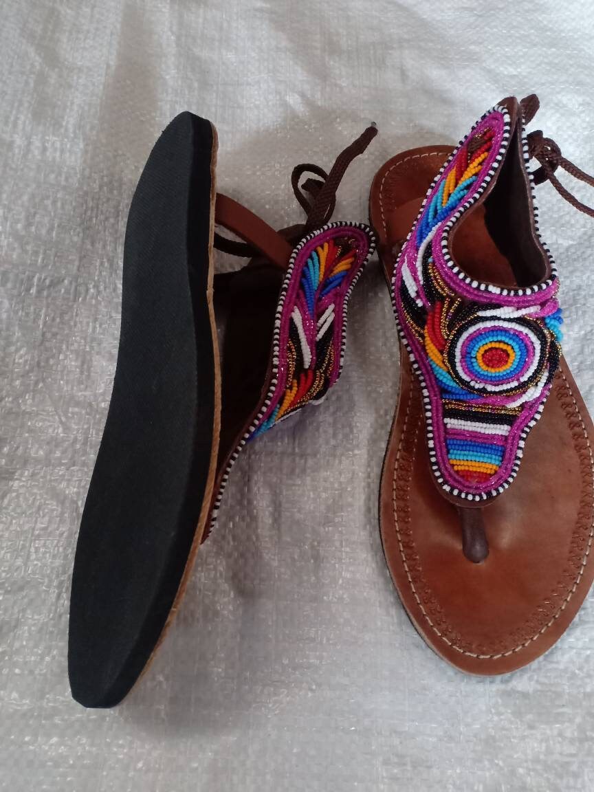 Handmade African Beaded Sandals/Authentic Maasai-Style Leather Flip-Flops Women/Boho Beach Sandals/Comfortable Summer Sandal African Gifts