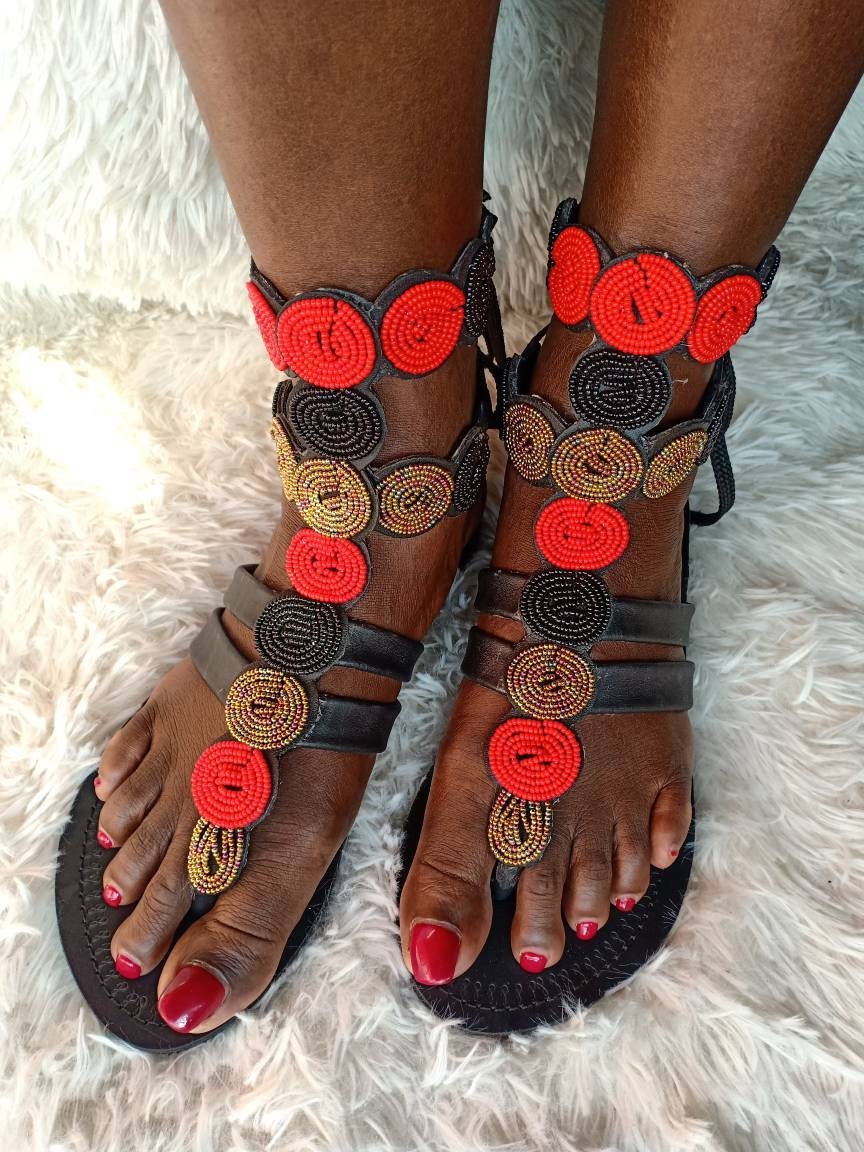 Handmade African Beaded Sandals/Authentic Maasai-Style Leather Flip-Flops Women/Boho Beach Sandals/Comfortable Summer Sandal African Gifts