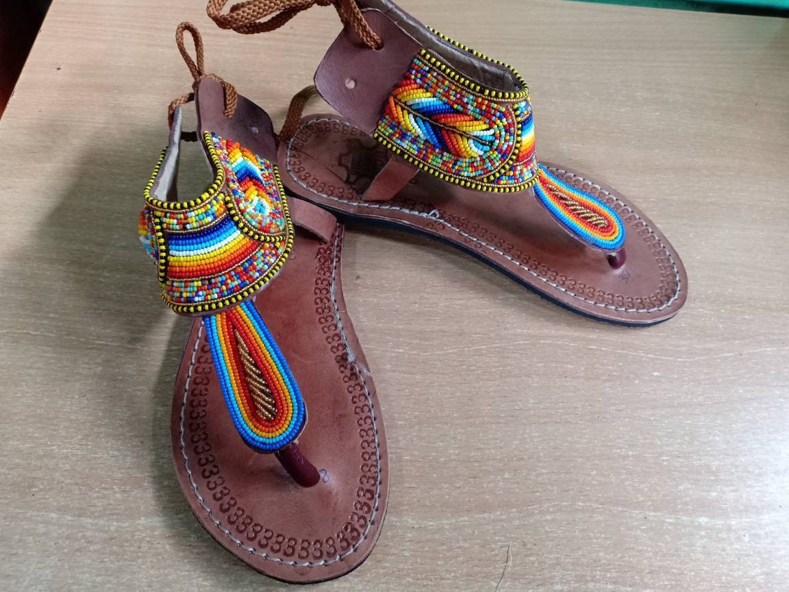 Handmade African Beaded Sandals/Authentic Maasai-Style Leather Flip-Flops Women/Boho Beach Sandals/Comfortable Summer Sandal African Gifts