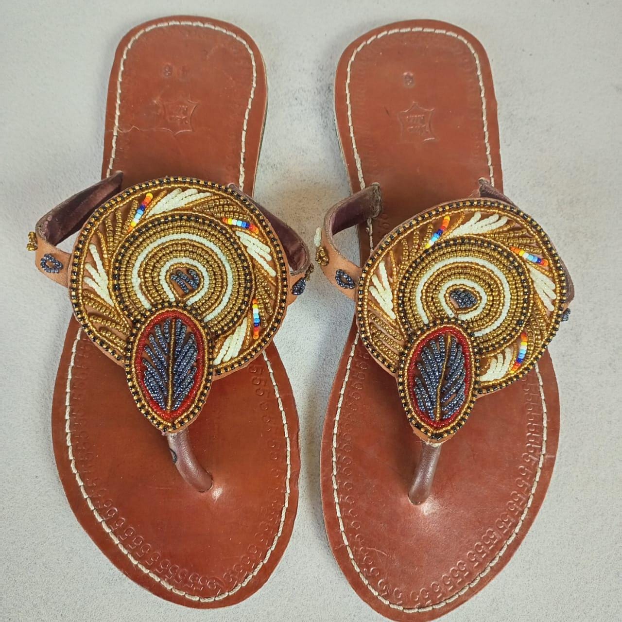 Handmade African Beaded Sandals/Authentic Maasai-Style Leather Flip-Flops Women/Boho Beach Sandals/Comfortable Summer Sandal African Gifts