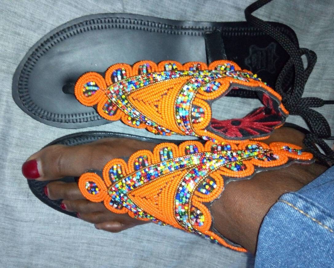 Handmade African Beaded Sandals/Authentic Maasai-Style Leather Flip-Flops Women/Boho Beach Sandals/Comfortable Summer Sandal African Gifts