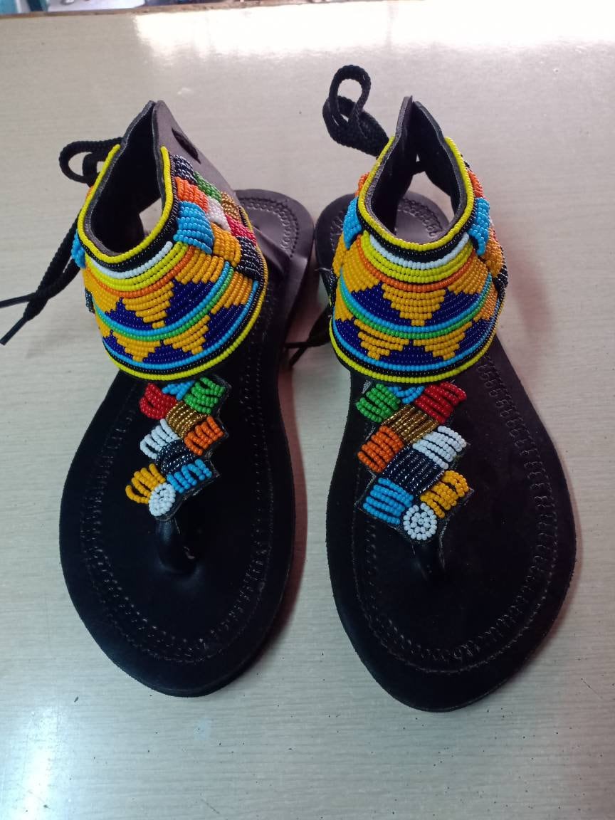 Handmade African Beaded Sandals/Authentic Maasai-Style Leather Flip-Flops Women/Boho Beach Sandals/Comfortable Summer Sandal African Gifts