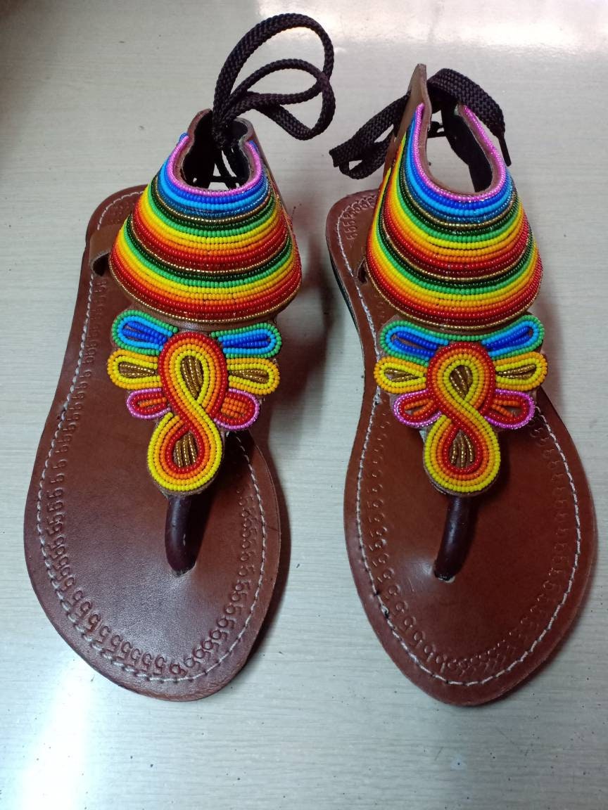 Handmade African Beaded Sandals/Authentic Maasai-Style Leather Flip-Flops Women/Boho Beach Sandals/Comfortable Summer Sandal African Gifts