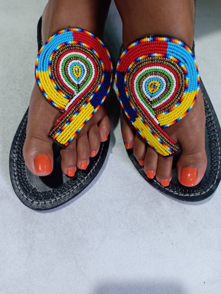Handmade African Beaded Sandals/Authentic Maasai-Style Leather Flip-Flops Women/Boho Beach Sandals/Comfortable Summer Sandal African Gifts