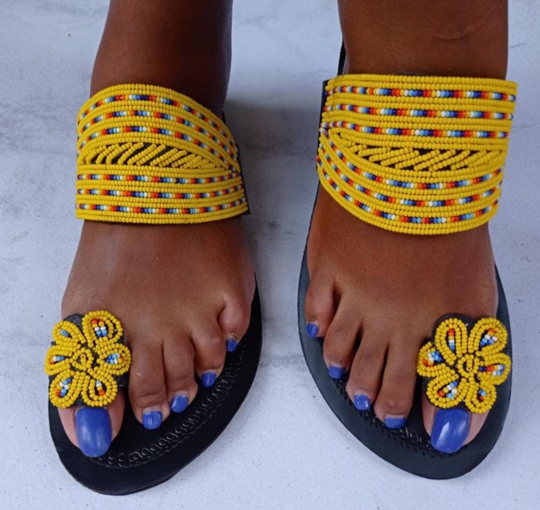 Handmade African Beaded Sandals/Authentic Maasai-Style Leather Flip-Flops Women/Boho Beach Sandals/Comfortable Summer Sandal African Gifts