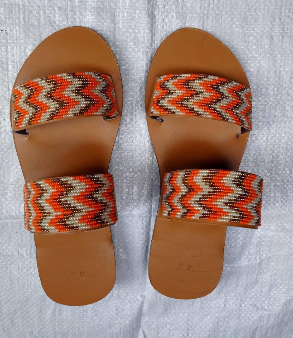 Handmade African Beaded Sandals/Authentic Maasai-Style Leather Flip-Flops Women/Boho Beach Sandals/Comfortable Summer Sandal African Gifts