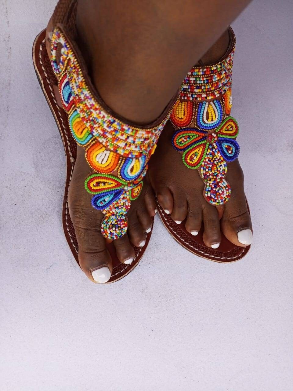 Handmade African Beaded Sandals/Authentic Maasai-Style Leather Flip-Flops Women/Boho Beach Sandals/Comfortable Summer Sandal African Gifts