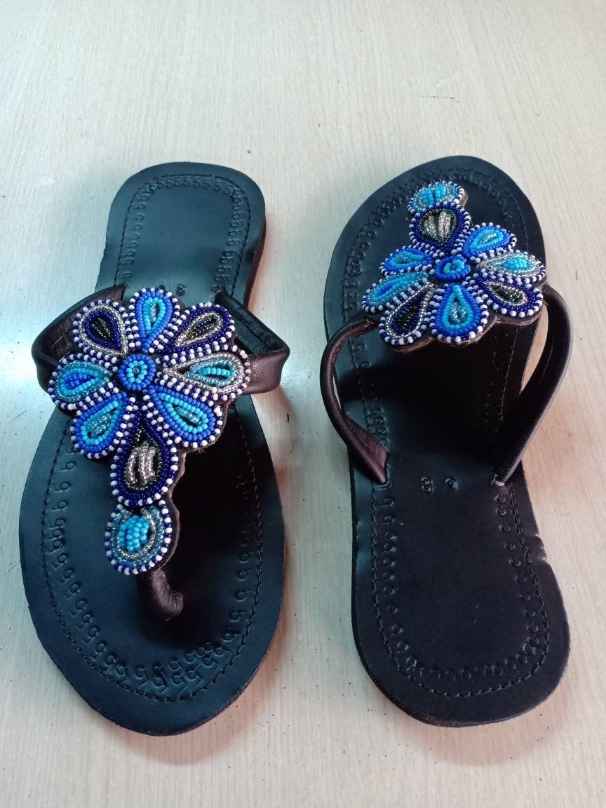 Handmade African Beaded Sandals/Authentic Maasai-Style Leather Flip-Flops Women/Boho Beach Sandals/Comfortable Summer Sandal African Gifts