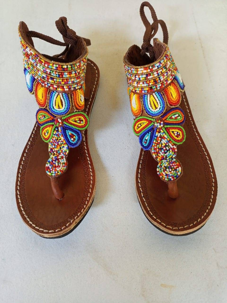 Handmade African Beaded Sandals/Authentic Maasai-Style Leather Flip-Flops Women/Boho Beach Sandals/Comfortable Summer Sandal African Gifts
