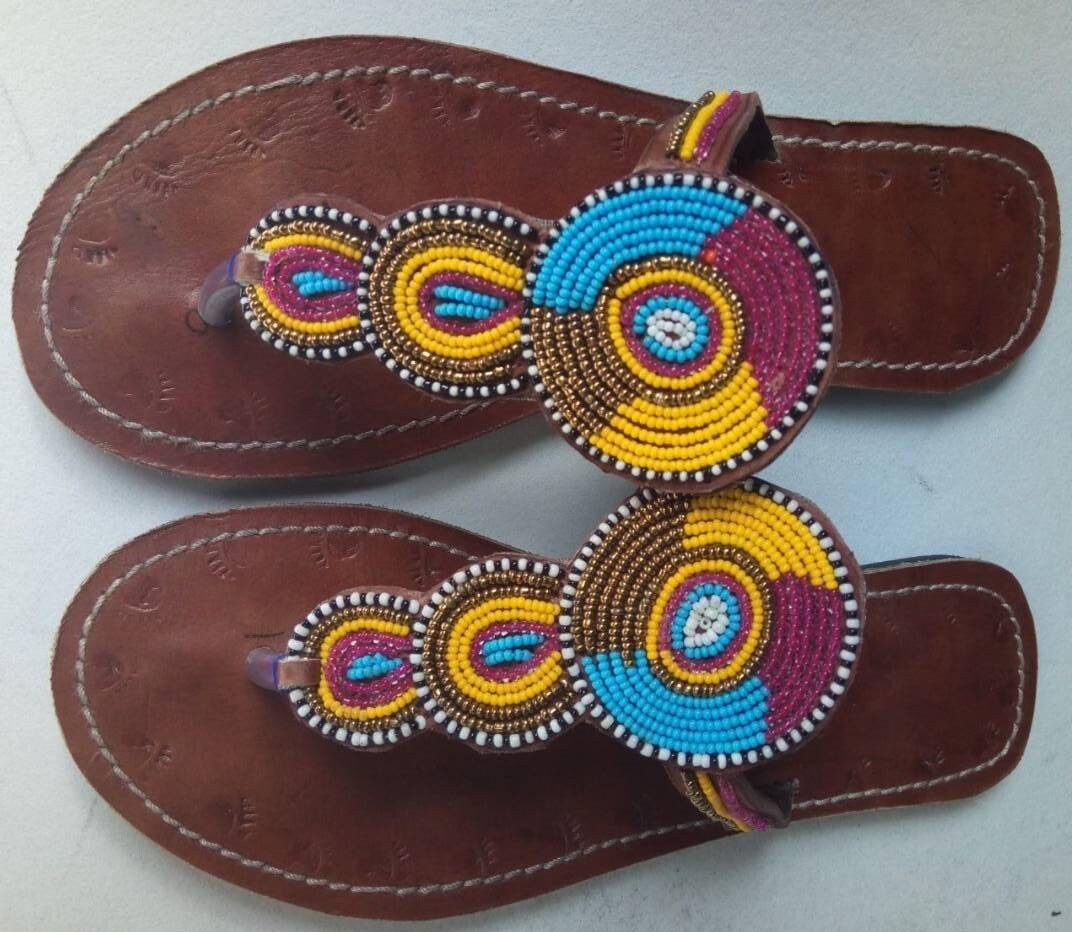 Handmade African Beaded Sandals/Authentic Maasai-Style Leather Flip-Flops Women/Boho Beach Sandals/Comfortable Summer Sandal African Gifts